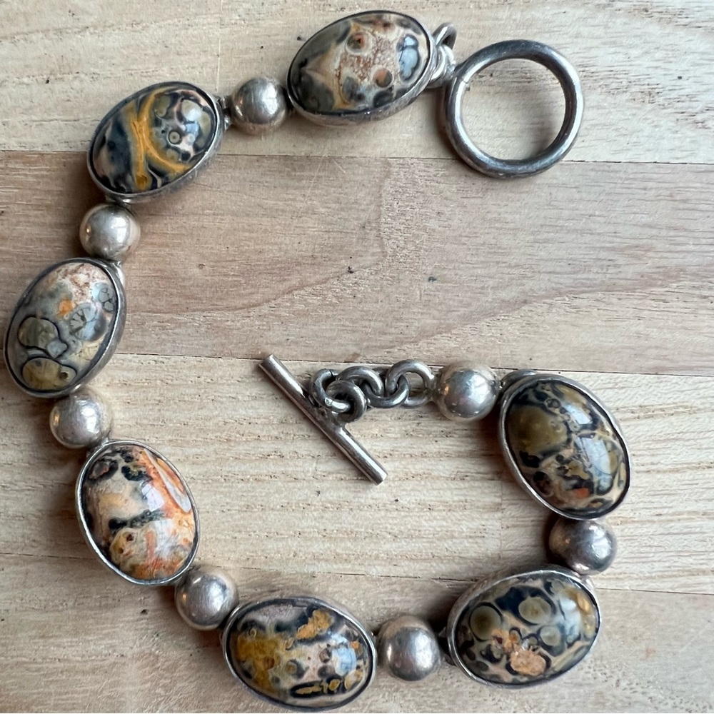Vintage southwestern style 925 sterling silver cabochon ocean jasper bracelet